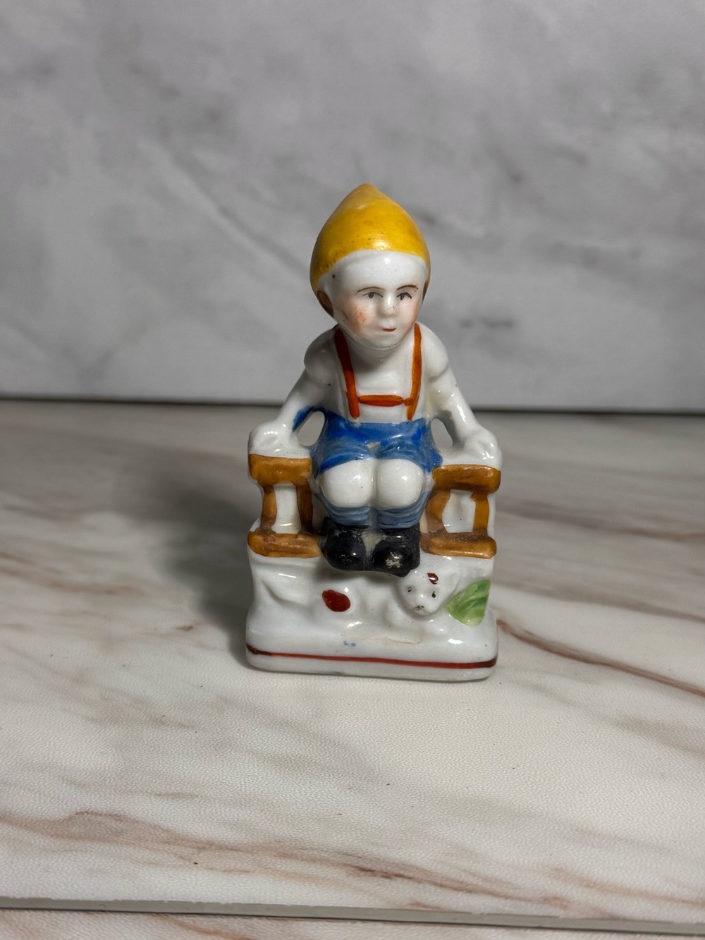 Vintage Occupied Japan Little Boy on Fence w Cat Porcelain Figurine 3.5”